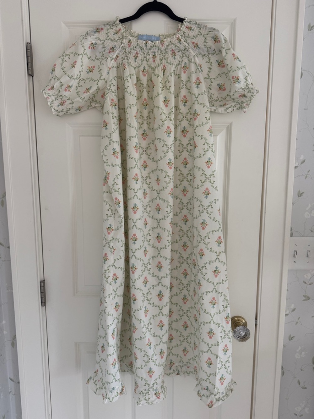 Hill House Cream Floral Maxi Dress with Pink and Green Accents